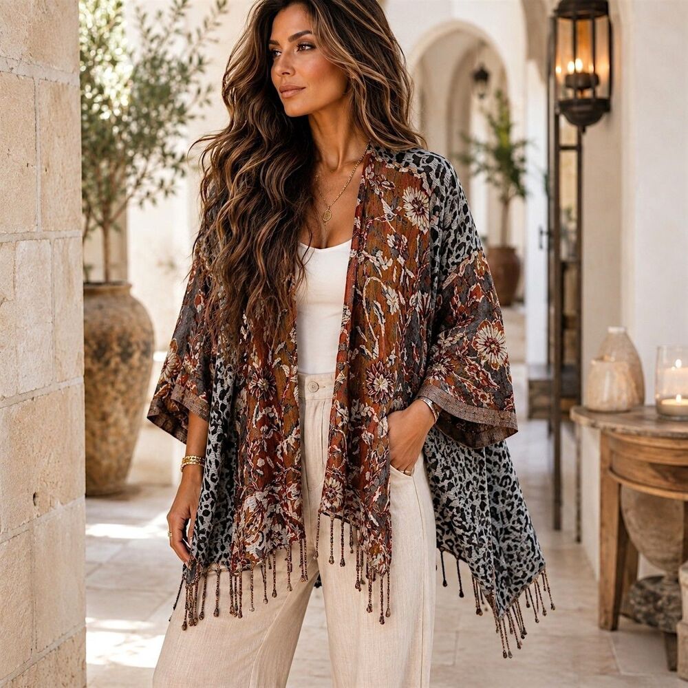 Soft Surroundings S/M Boho Textured Fringe Cardigan 3/4 Sleeve Hi Low Mix Print